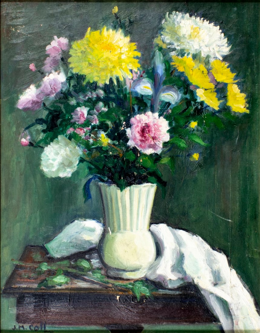 J M Coll (US,mid 20C) oil painting: ARTIST: J M Coll (American, mid 20 century) TITLE: Still Life with Vase of Flowers MEDIUM: oil on canvas board CONDITION: Some flaking/paint losses (see pictures carefully).