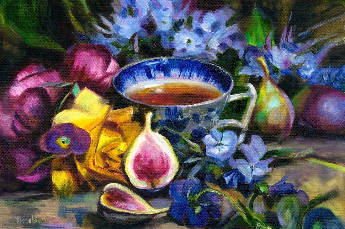 Alina Kvaratshelia (Ukraine,20/21C) oil painting: ARTIST: Alina Kvaratshelia (Ukraine, 20/21 centuries) TITLE: Still Life with Cup of Tea and Flowers MEDIUM: oil on heavy paper CONDITION: Very good. No visible inpaint under