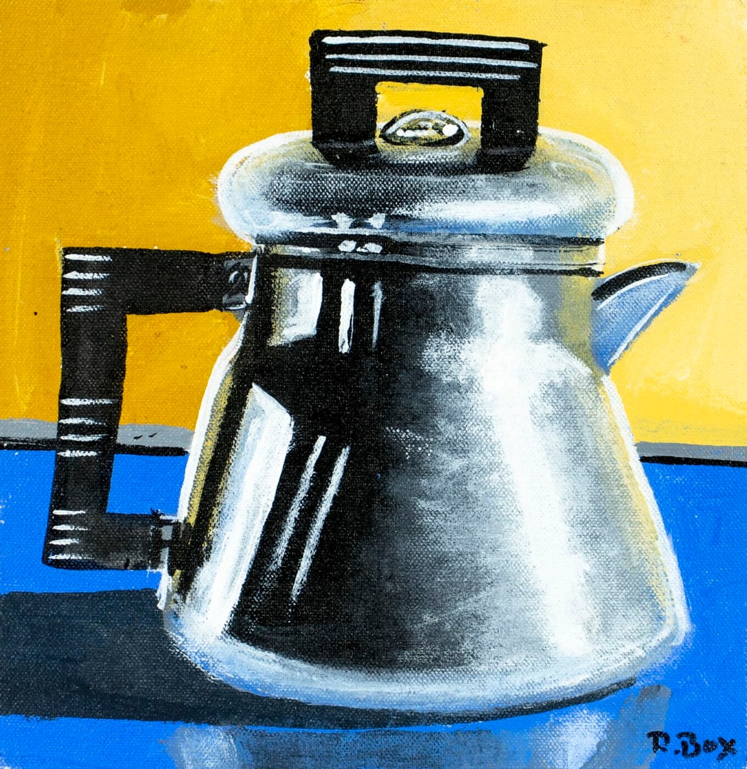 Robert Box (NY,b 1951) oil painting: ARTIST: Robert Box (New York, born 1951) TITLE: Still Life with Kettle MEDIUM: oil on canvas CONDITION: Missing a few flakes of paint. No visible inpaint under UV light. Nor
