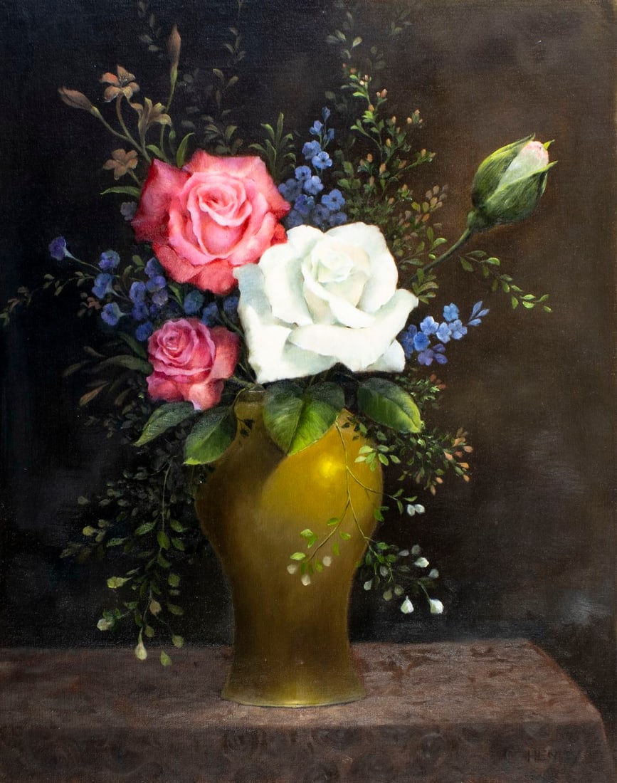 C S Henry (Europe,20C) oil painting: ARTIST: C S Henry (European, 20 century) TITLE: Still Life with Vase of Flowers MEDIUM: oil on canvas CONDITION: Unstretched (In-House stretching available) (In-House stretc