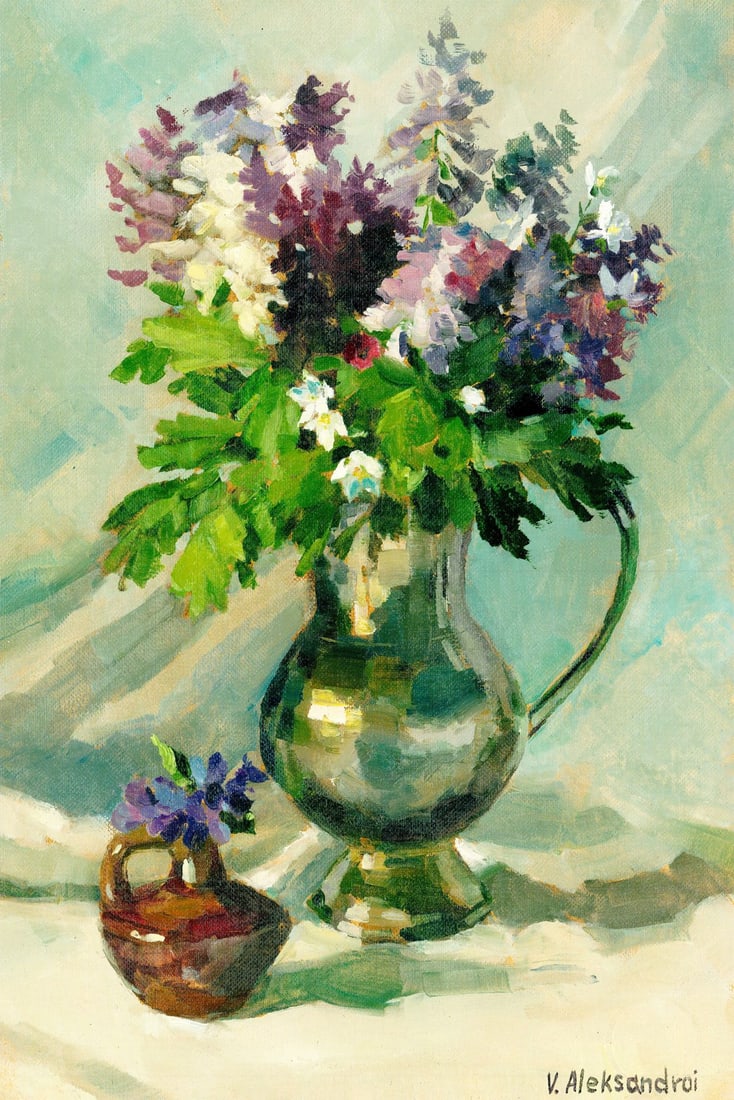 Victoria Aleksandroi (Ukraine,20/21C) oil painting: ARTIST: Victoria Aleksandroi (Ukraine, 20/21 centuries) TITLE: Still Life with Lilacs in Pitcher MEDIUM: oil on heavy paper CONDITION: Very good. No visible inpaint under UV