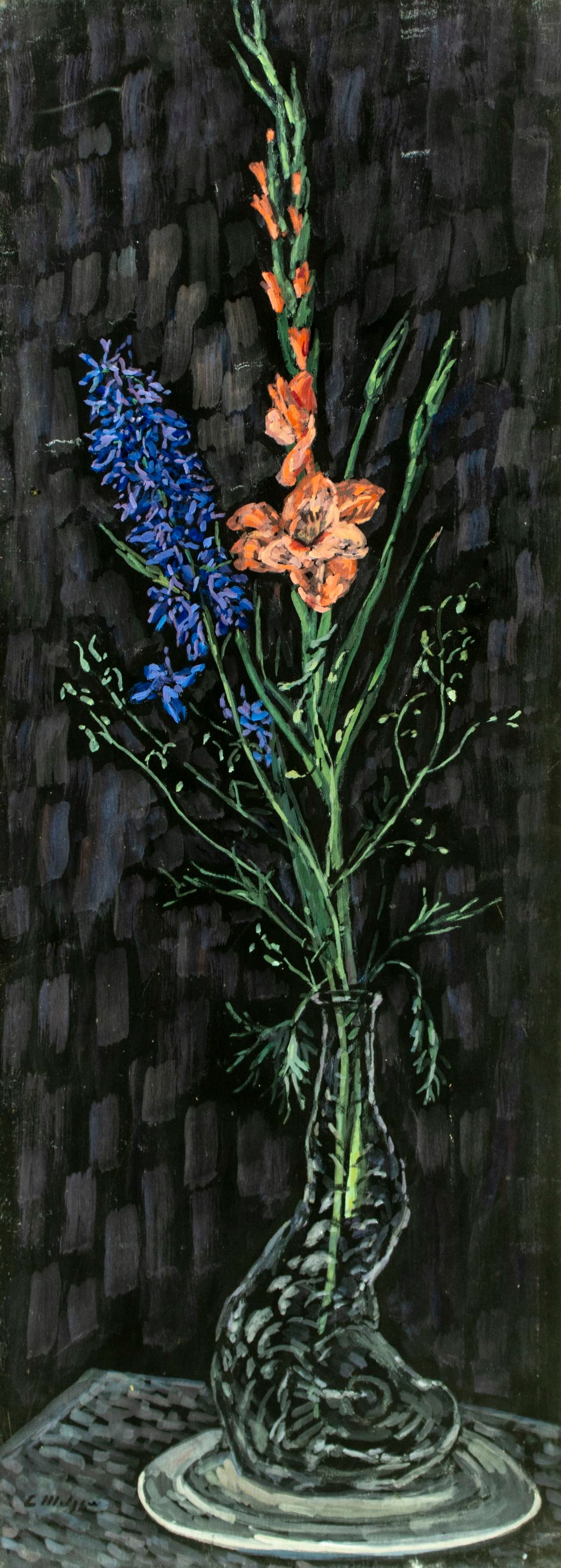 Evelyn Metzger (NY,Brazil,1911-2007) oil painting: ARTIST: Evelyn Borchard Metzger (New York, Brazilian, 1911-2007) TITLE: Still Life with Vase of Flowers YEAR: circa 1991 MEDIUM: oil on board CONDITION: