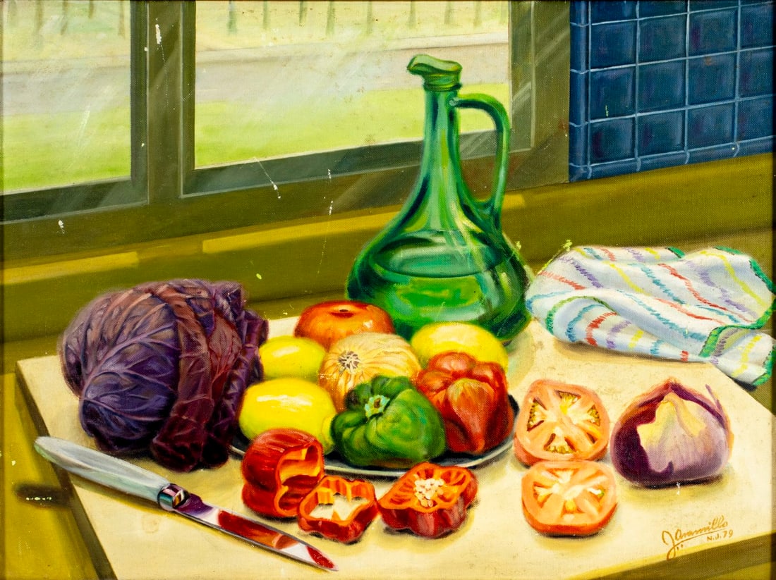 J Aramillo (NJ,20C) oil painting: ARTIST: J Aramillo (New Jersey, 20 century) TITLE: Still Life with Vegetables YEAR: 1979 MEDIUM: oil on canvas board CONDITION: Some scratches/paint loss