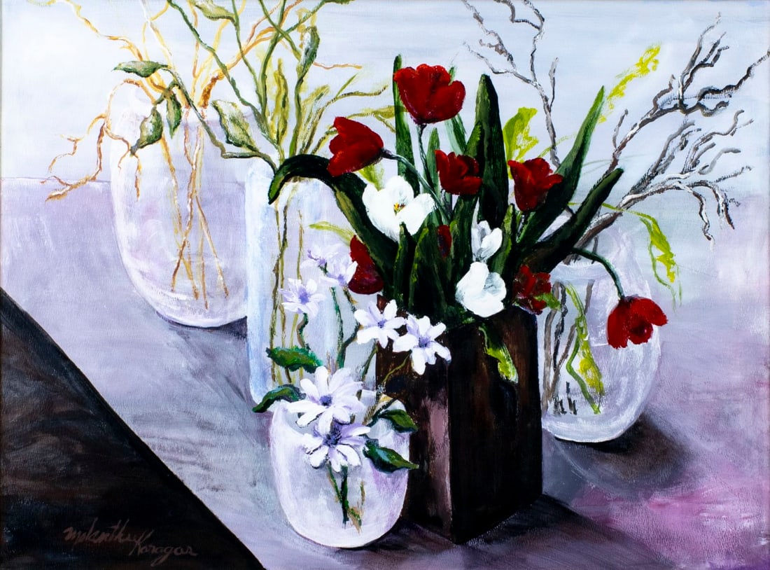 Melanthe Karagas (Greek,US,20/21C) oil painting: ARTIST: Melanthe Karagas (Greece, American, 20/21 centuries) TITLE: Still Life with Vases of Flowers MEDIUM: oil on paper CONDITION: Very good. No visible inpaint under UV l