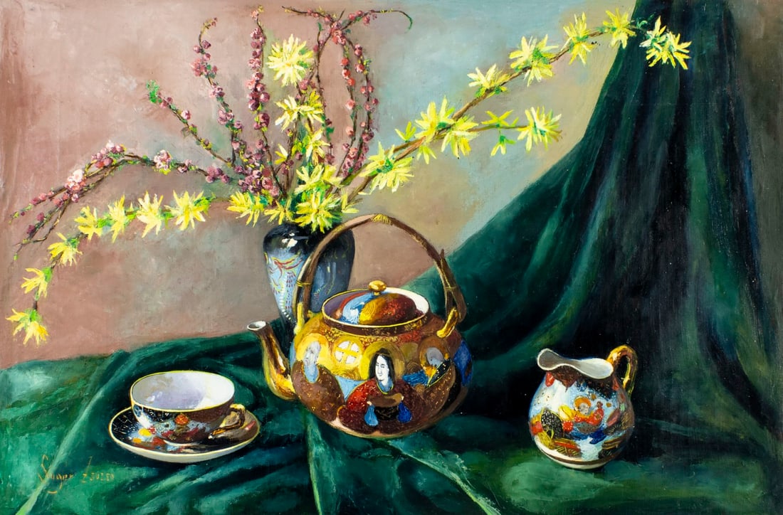 Zsuzsanna Suger (Hungary,1939-?) oil painting: ARTIST: Zsuzsanna Suger (Hungarian, 1939 - ???) TITLE: Still Life with Tea Set MEDIUM: oil on canvas CONDITION: Unstretched (In-House stretching available) (In-House stret