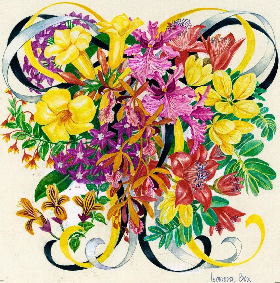 Leonora Box (UK,1936-?) watercolor painting: ARTIST: Leonora Box (United Kingdom, 1936 - ???) TITLE: Brunei (titled on verso) YEAR: 1980 MEDIUM: watercolor on board CONDITION: Minor damages to cor