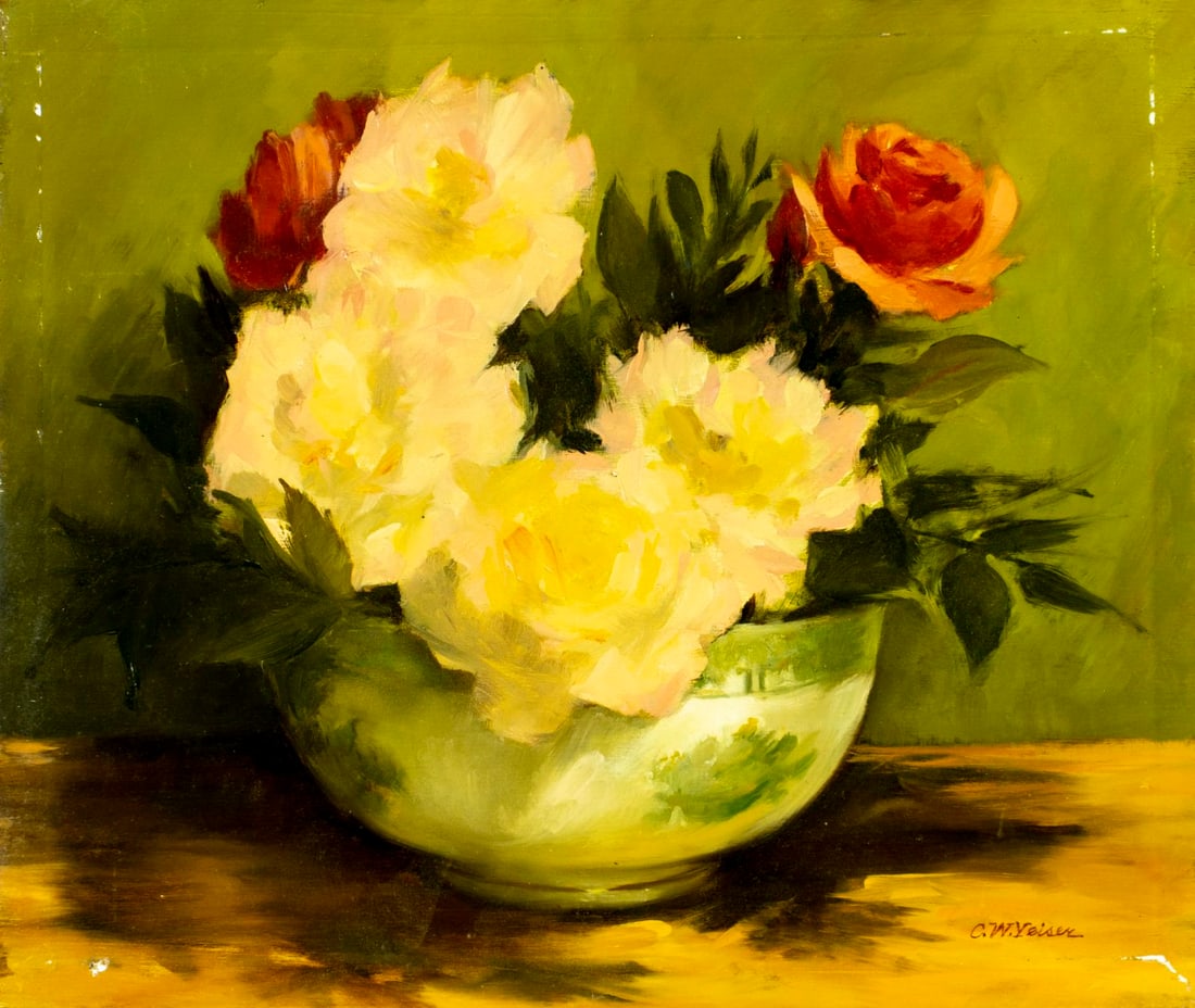 Charles Yeiser (NY,1925-2005) oil painting: ARTIST: Charles William Yeiser (New York, 1925 - 2005) TITLE: Still Life with Bowl of Flowers MEDIUM: oil on board CONDITION: Some scratches/paint losses mostly by edges. No
