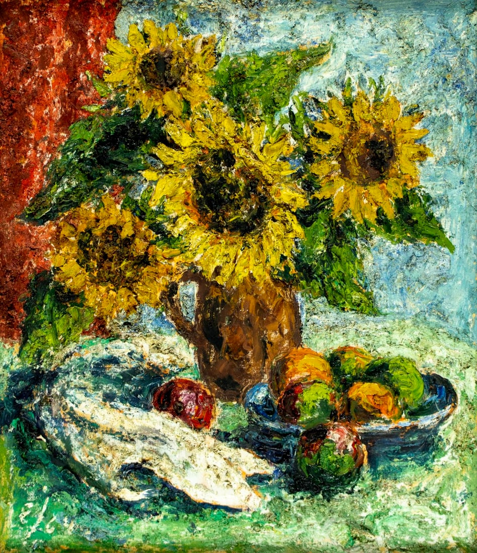 Einar Johansen (Denmark,1893-1965) oil painting: ARTIST: Einar Johansen (Danish, 1893 - 1965) TITLE: Still Life with Sunflowers and Fruit YEAR: 1964 MEDIUM: oil on canvas CONDITION: Some paint losses mo