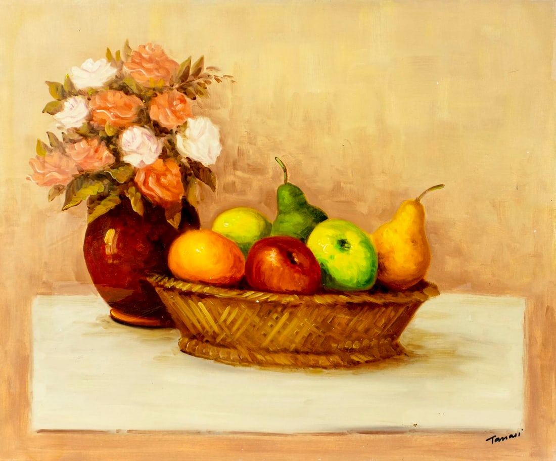 Tanasi (Europe,20C) oil painting: ARTIST: Tanasi (European, 20 century) TITLE: Still Life with Fruit Basket and Vase of Flowers MEDIUM: oil on canvas CONDITION: Overall good. No visible inpaint under UV ligh
