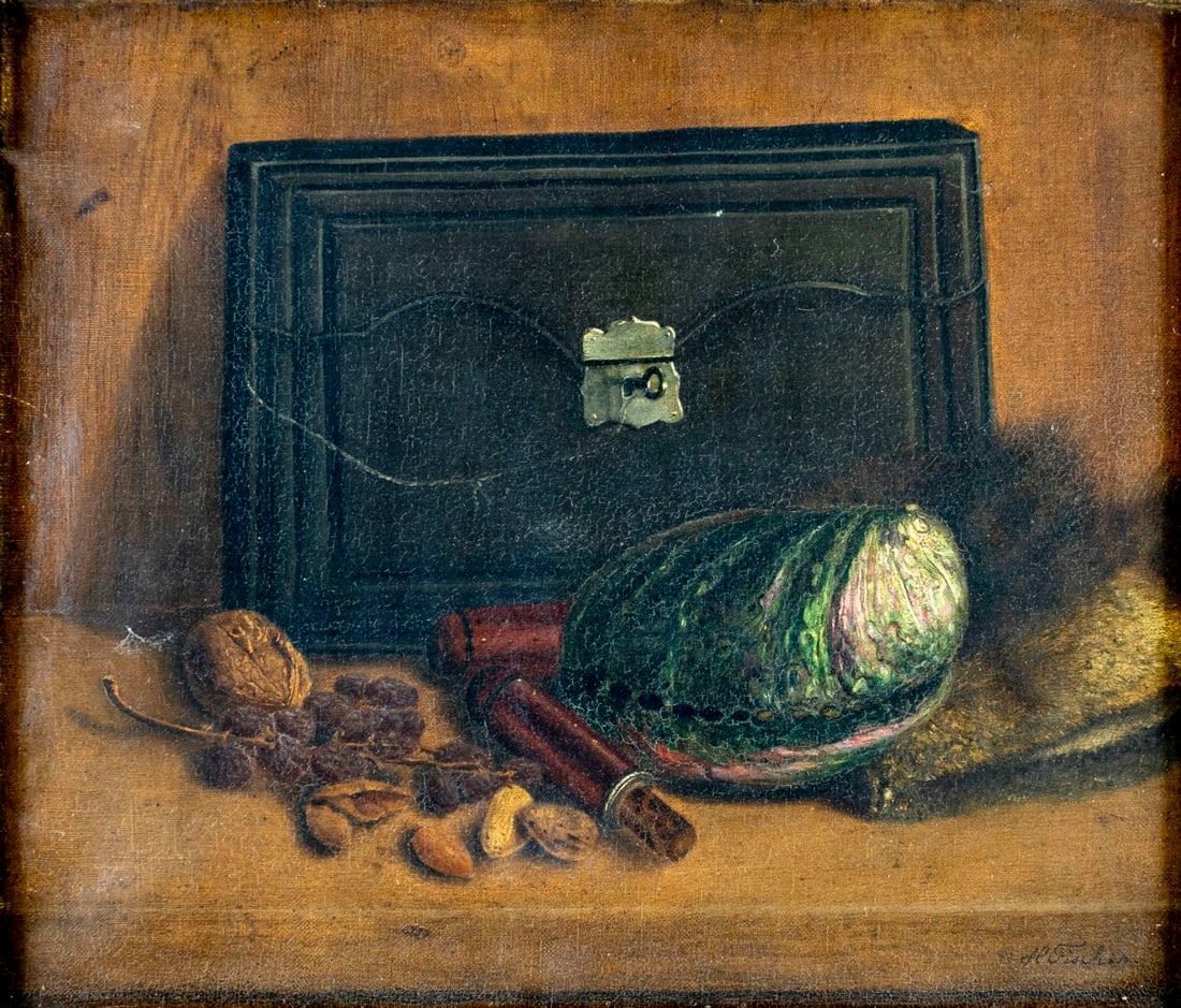 H Fischer (Danish,early 20C) oil painting antique: ARTIST: H Fischer (Denmark, early 20 century) TITLE: Still Life MEDIUM: oil on canvas CONDITION: Few minor scratches/paint losses mostly along edges. Some craquelure. No vis