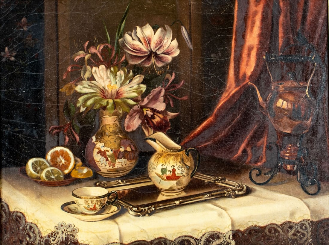 Anna Bischof (German,1900-?) oil painting: ARTIST: Anna Bischof (Germany, 1900 - ???) TITLE: Still Life with Vase of Flowers MEDIUM: oil on canvas CONDITION: Minor scratches/paint losses. Some craquelure. No visibl