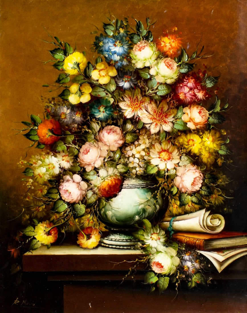 Roberto Michel (Spain,1944-?) oil painting: ARTIST: Roberto Michel (Spanish, 1944 - ???) TITLE: Still Life with Vase of Flowers MEDIUM: oil on canvas CONDITION: Unstretched (In-House stretching available) (In-House