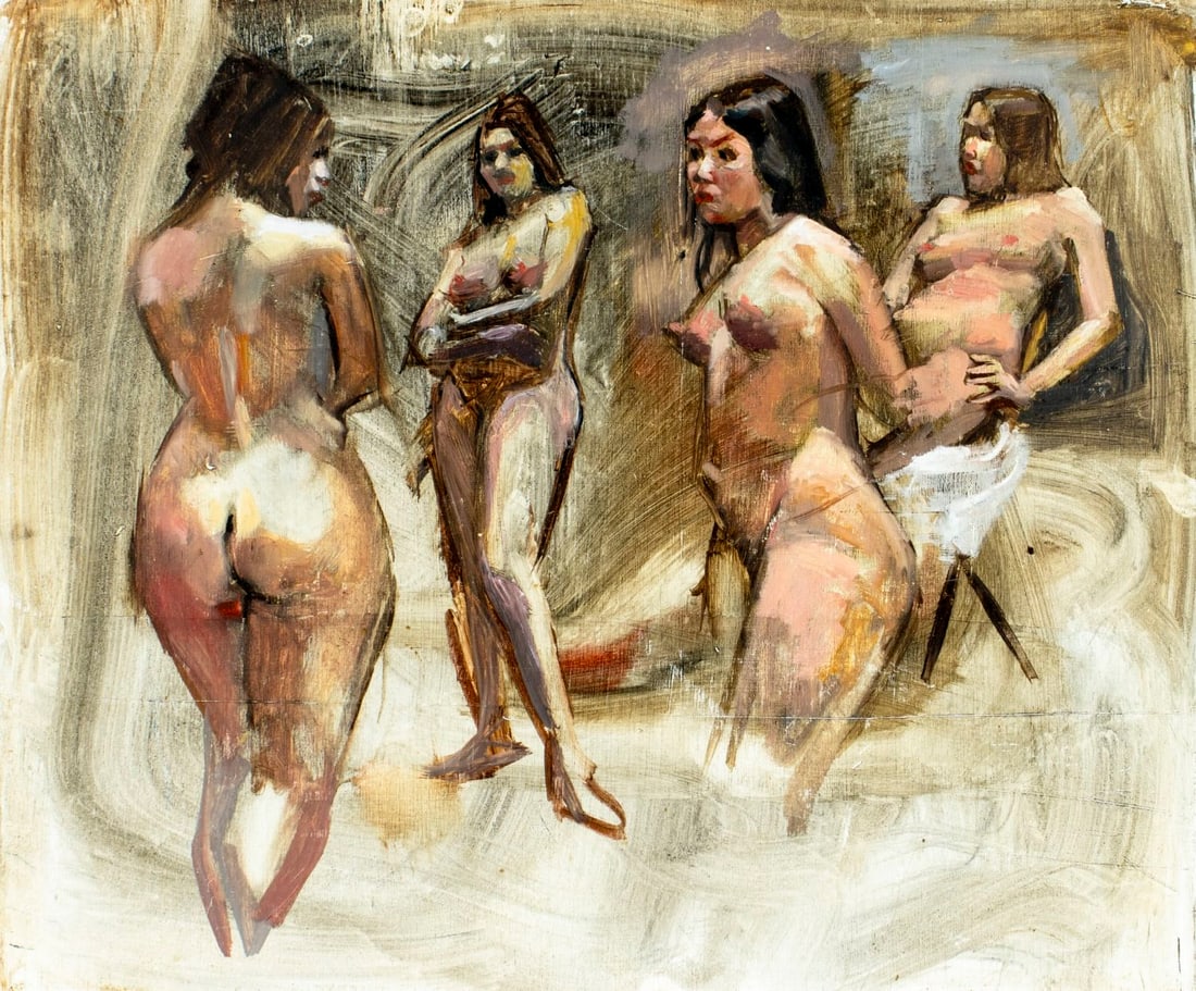 John Reilly (NY,NJ,1942-2021) oil painting: ARTIST: John Reilly (New York, New Jersey, 1942 - 2021) TITLE: Nudes MEDIUM: oil on board CONDITION: Some small damage to the lower right corner. Some scratches/paint loss
