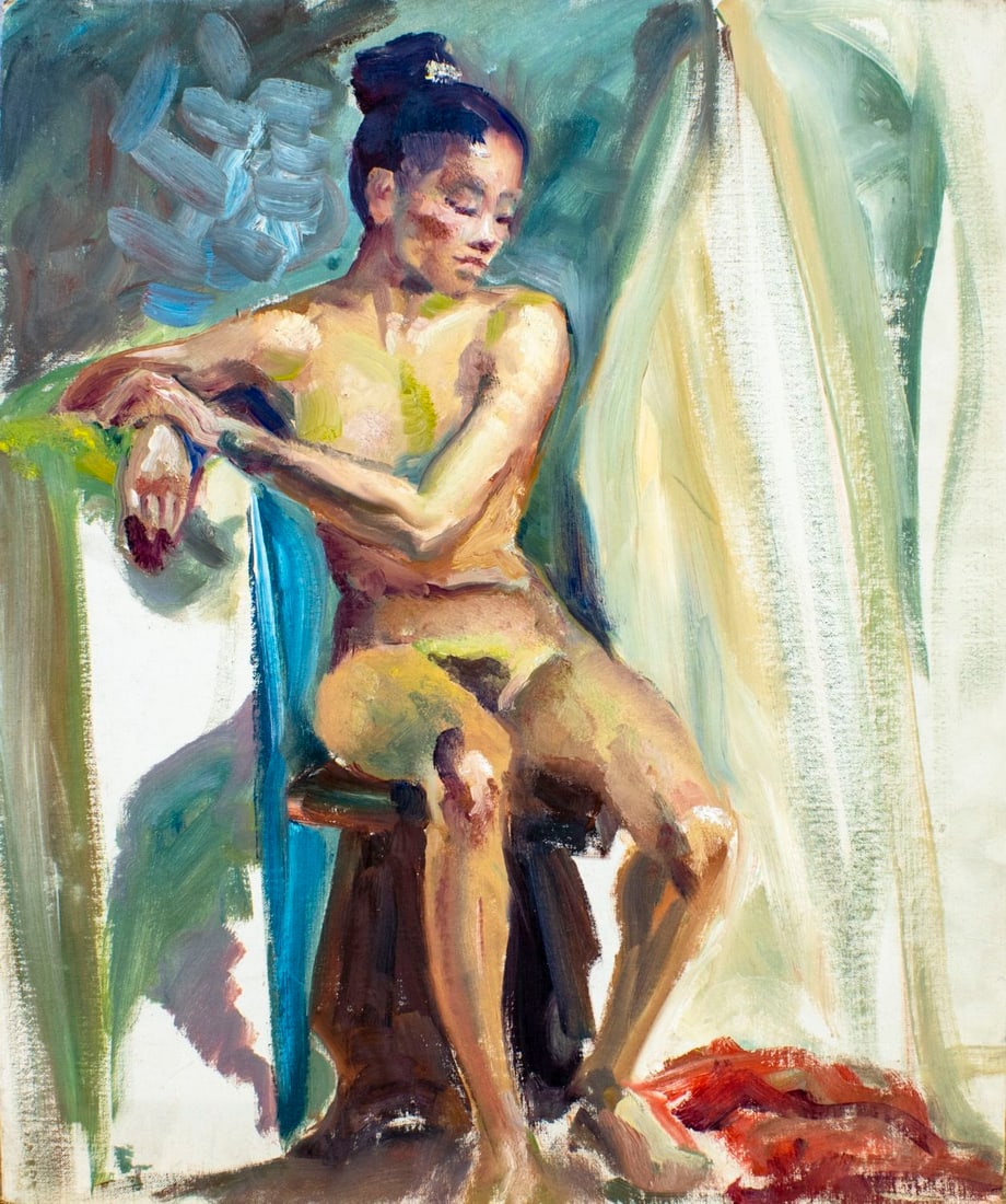 Vintage mid 20C American oil painting: ARTIST: - (American, mid 20 century) TITLE: Nude MEDIUM: oil on canvas board CONDITION: Very good. No visible inpaint under UV light. ART SIZE: 24 x 20