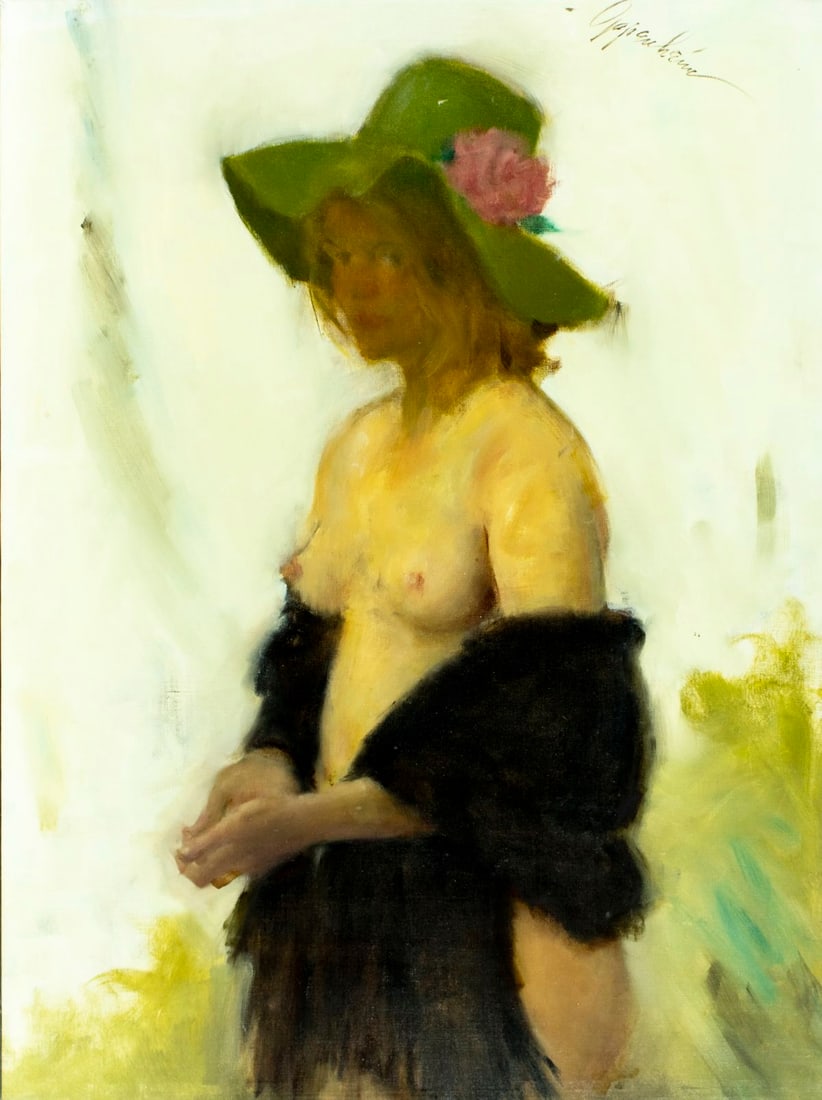 Samuel Oppenheim (NY,1901-1992) oil painting: ARTIST: Samuel Edmund Oppenheim (New York, 1901 - 1992) TITLE: Nude with Green Hat (titled on label) MEDIUM: oil on canvas CONDITION: Few small scratches/paint losses mostly