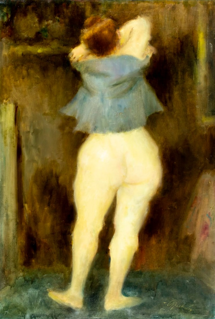 Samuel Oppenheim (NY,1901-1992) oil painting: ARTIST: Samuel Edmund Oppenheim (New York, 1901 - 1992) TITLE: Undressing Nude MEDIUM: oil on canvas CONDITION: Some faint scratches along edges. No visible inpaint under UV