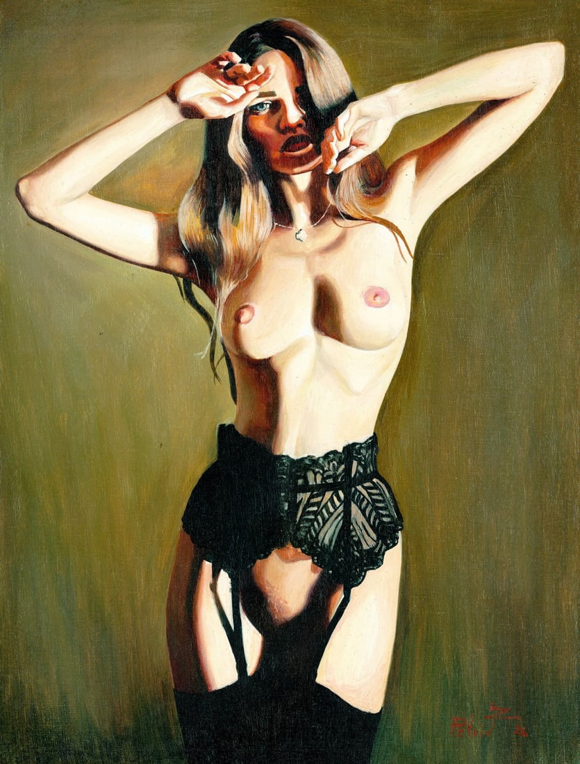 Zoriana Petriv (Ukraine,b 1994) oil painting: ARTIST: Zoriana Petriv (Ukraine, born 1994) TITLE: Nude Girl in Underwear (titled on verso) MEDIUM: oil on canvas CONDITION: Unstretched (In-House stretching available). Ver