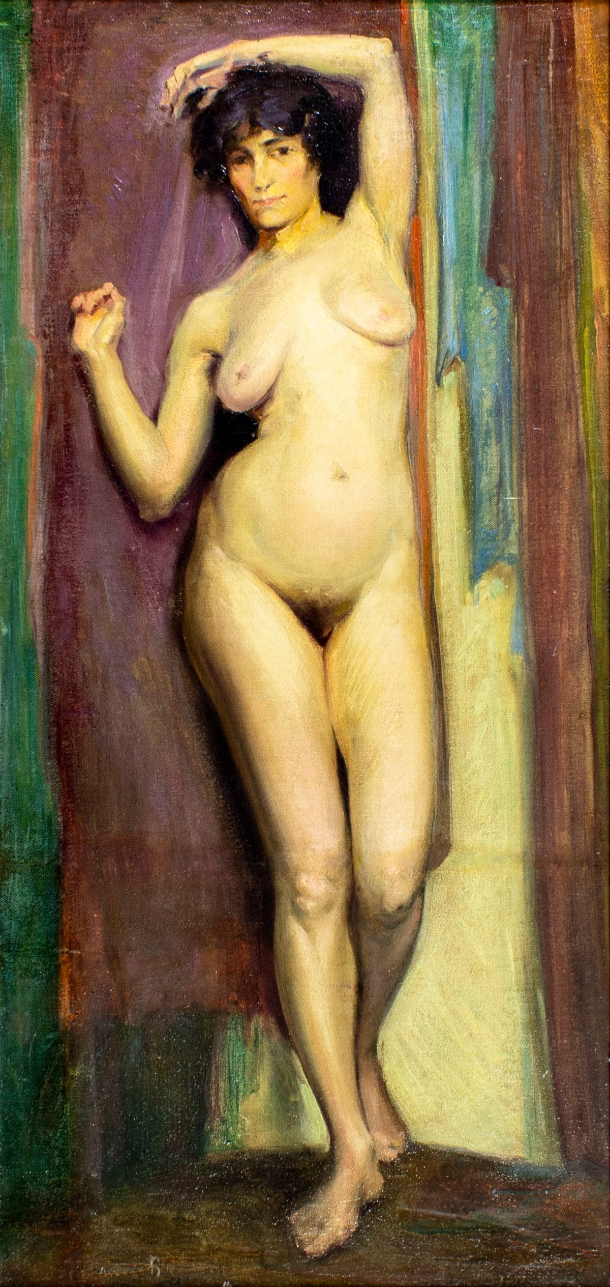 Antique early 20C American oil painting signed: ARTIST: - (American, early 20 century) TITLE: Nude MEDIUM: oil on canvas. Canvas applied to board. CONDITION: Minor paint losses. Minor craquelure. Some scattered inpainti