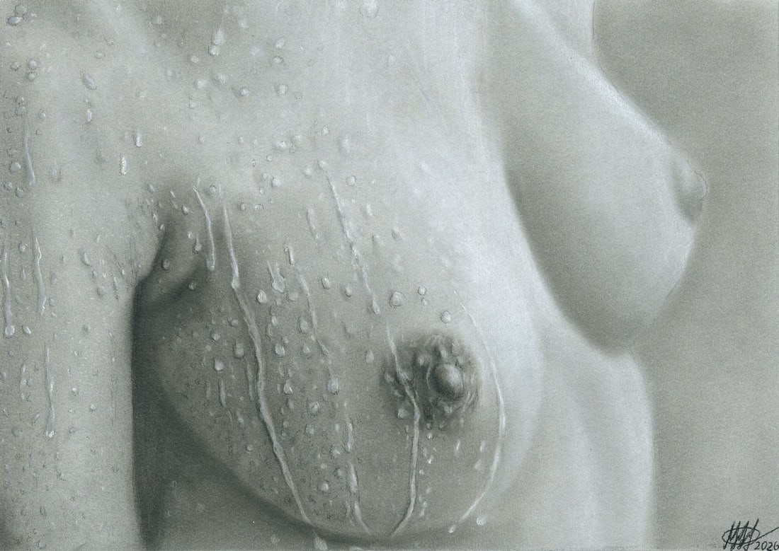 Maria Hayetska (Ukraine,20/21C) pastel painting: ARTIST: Maria Hayetska (Ukraine, 20/21 centuries) TITLE: Nude in Shower MEDIUM: pastel on heavy paper CONDITION: Very good. ART SIZE: 8 x 12 inches / 20