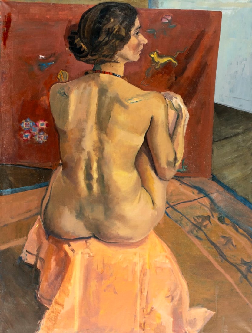Vintage 20C European oil painting: ARTIST: - (Europe, 20 century) TITLE: Seated Nude MEDIUM: oil on canvas CONDITION: Few minor scratches/paint losses. No visible inpaint under UV light. Normal wear to edges.