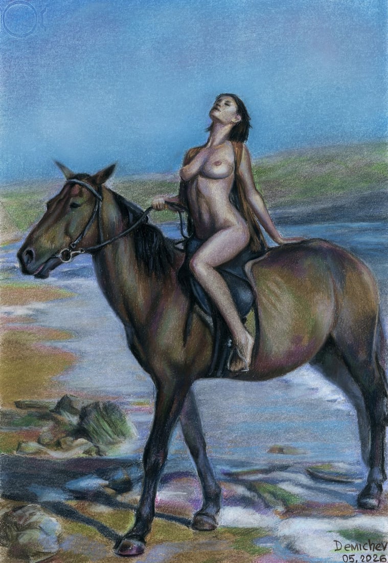 Oleksandr Demichev (Ukraine,20/21C) pastel painting: ARTIST: Oleksandr Demichev (Ukraine, 20/21 centuries) TITLE: Nude on Horseback by Shore MEDIUM: pastel on heavy paper CONDITION: Very good. ART SIZE: 17