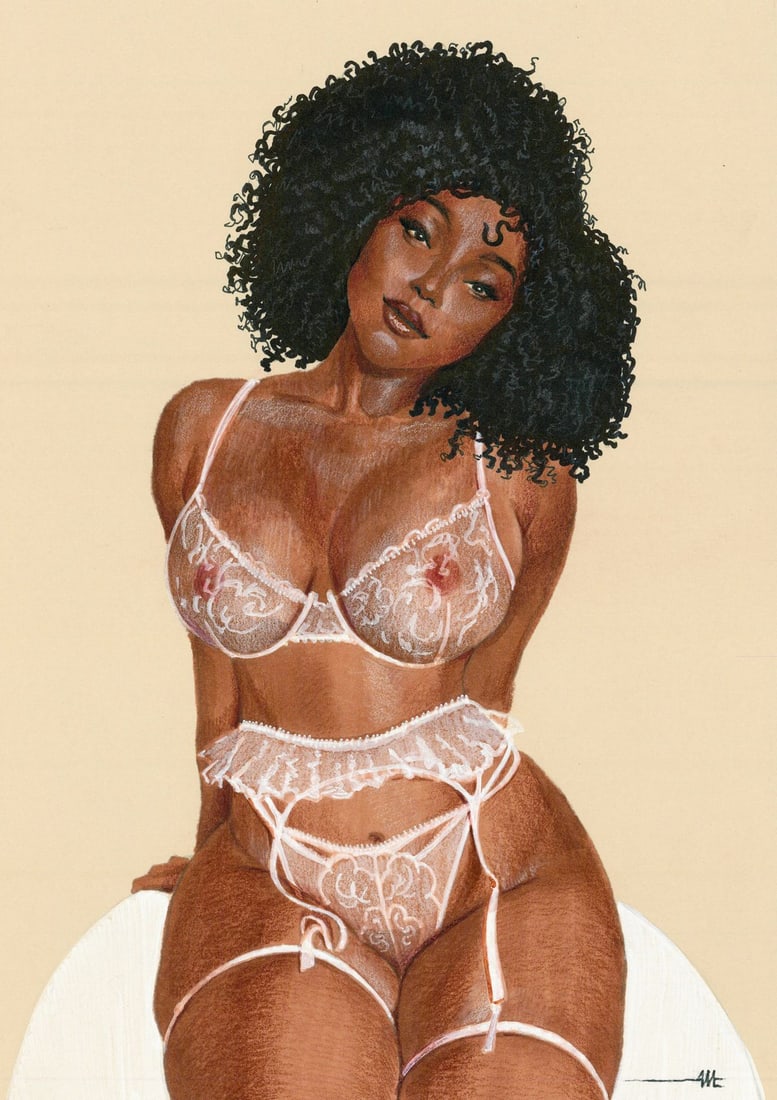 Aleksandr Matushkin (Ukraine,20/21C) colored pencil painting: ARTIST: Aleksandr Matushkin (Ukraine, 20/21 centuries) TITLE: Nude in Lingerie MEDIUM: colored pencil on heavy paper CONDITION: Very good. ART SIZE: 12 x