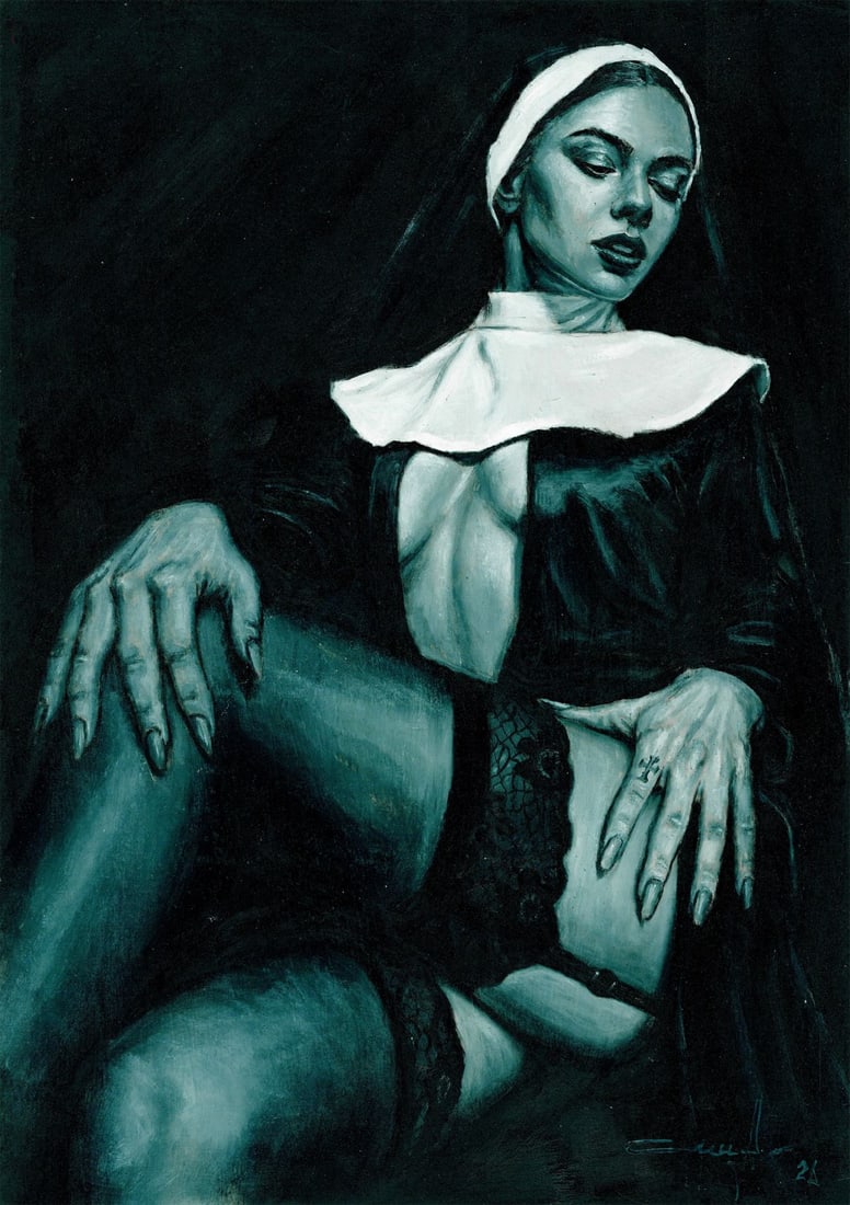 Evgeniy Smyrnyy (Ukraine,b 1987) oil painting: ARTIST: Evgeniy Smyrnyy (Ukraine, born 1987) TITLE: Nun MEDIUM: oil on heavy paper CONDITION: Few minor paint losses. No visible inpaint under UV light. ART SIZE: