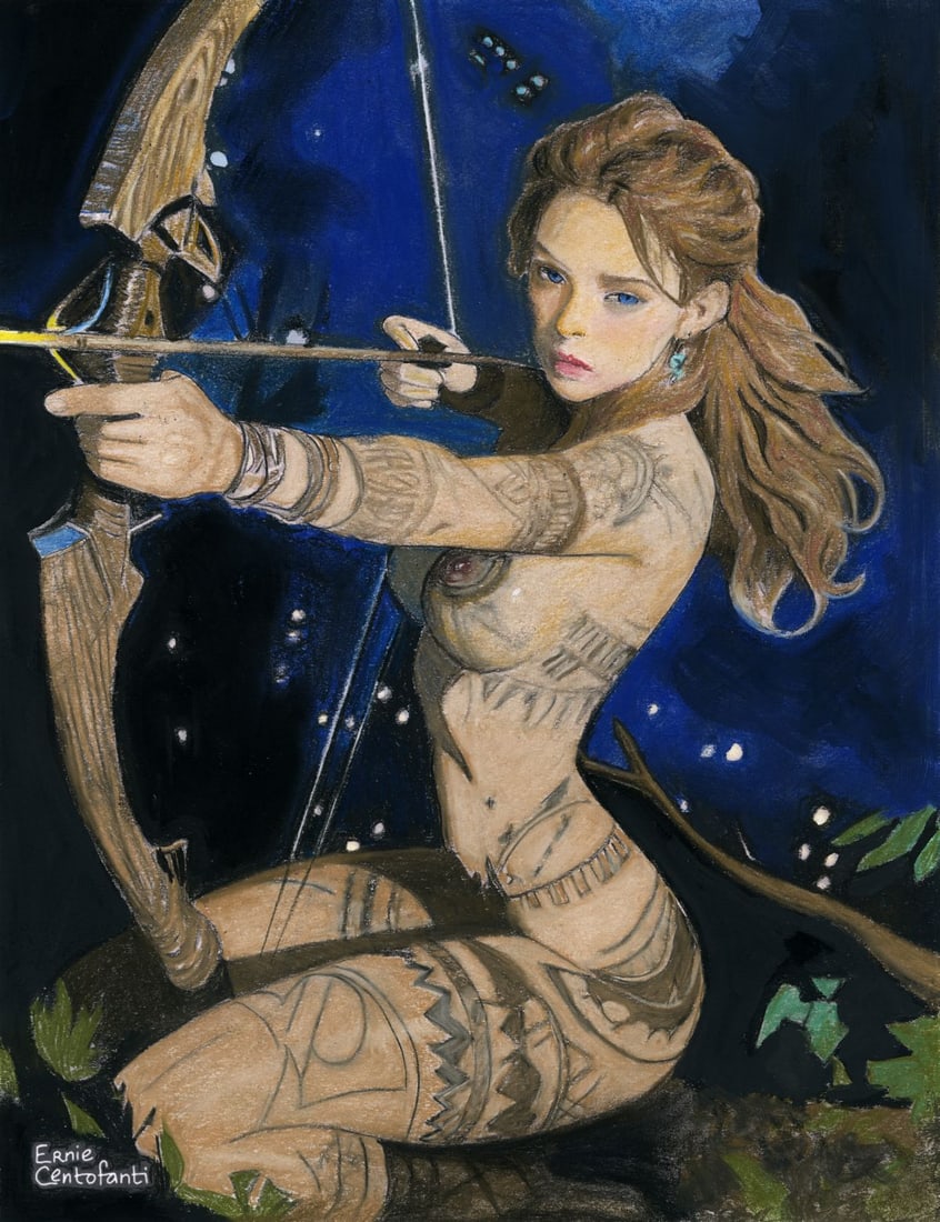 Ernie Centofanti (CA,b 1956) pastel painting: ARTIST: Ernie Centofanti (California, born 1956) TITLE: Nude Archer MEDIUM: pastel on paper CONDITION: Very good. ART SIZE: 14 x 10 inches / 36 x 25 cm