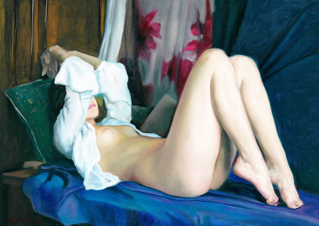Igor Grey (Ukraine,b 1975) oil painting: ARTIST: Igor Grey (Ukrainian, born 1975) TITLE: Nude - Resting in Blue (titled on verso) MEDIUM: oil on canvas CONDITION: Unstretched (In-House stretching available). Few mi