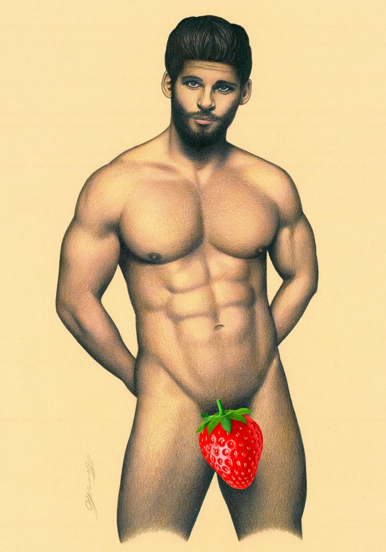 Rene Prudlo (German,b 1974) colored pencil painting: ARTIST: Rene Prudlo (Germany, born 1974) TITLE: Male Nude MEDIUM: colored pencil on heavy paper CONDITION: Very good. ART SIZE: 12 x 8 inches / 30 x 20 c
