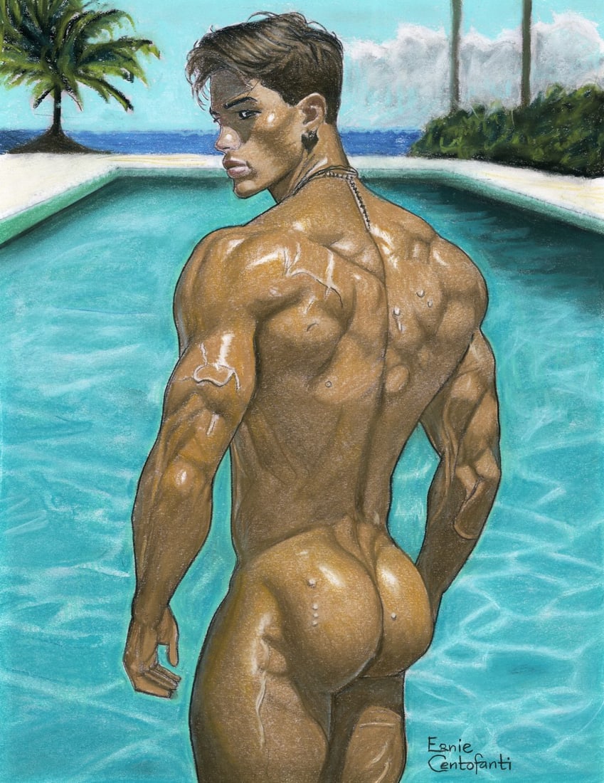 Ernie Centofanti (CA,b 1956) pastel painting: ARTIST: Ernie Centofanti (California, born 1956) TITLE: Male Nude MEDIUM: pastel on paper CONDITION: Very good. ART SIZE: 13 x 10 inches / 33 x 25 cm