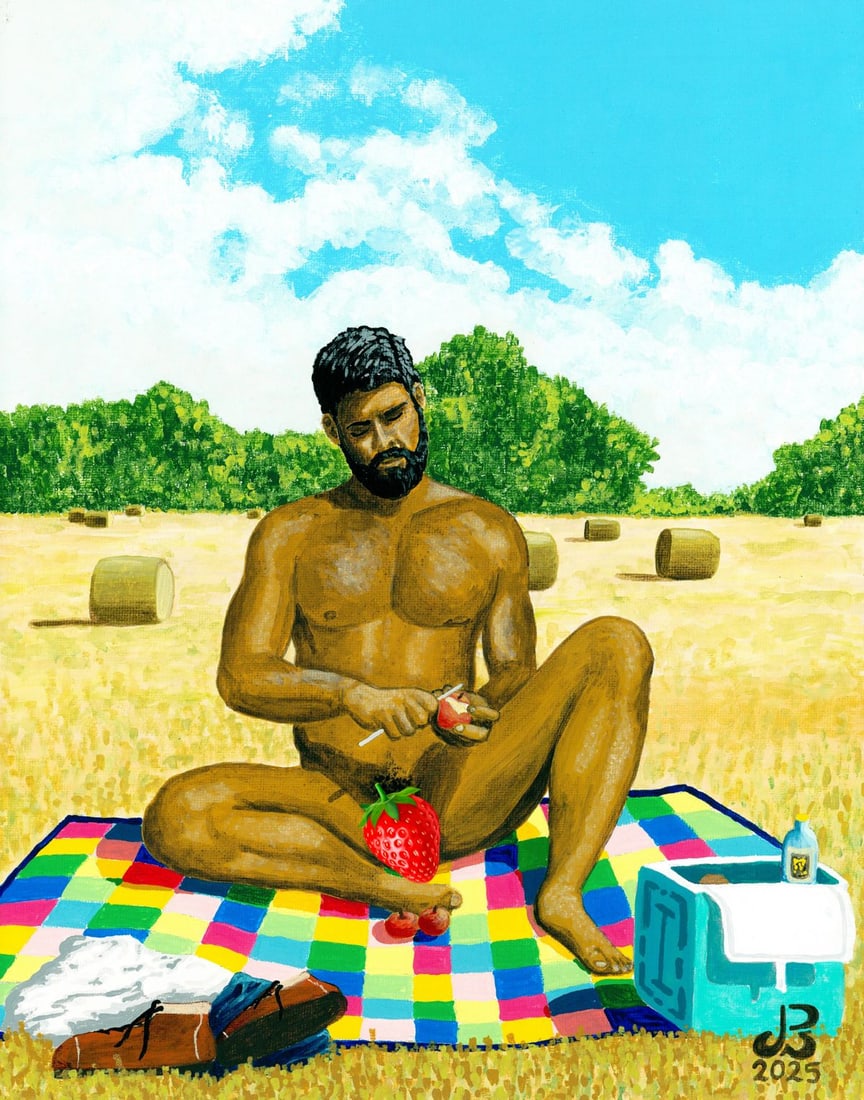 Jeff Breddy (UK,b 1968) oil painting: ARTIST: Jeff Breddy (United Kingdom, born 1968) TITLE: Male Nude - Dining Al Fresco (titled on verso) MEDIUM: oil on canvas board CONDITION: Very good. No visible inpaint un