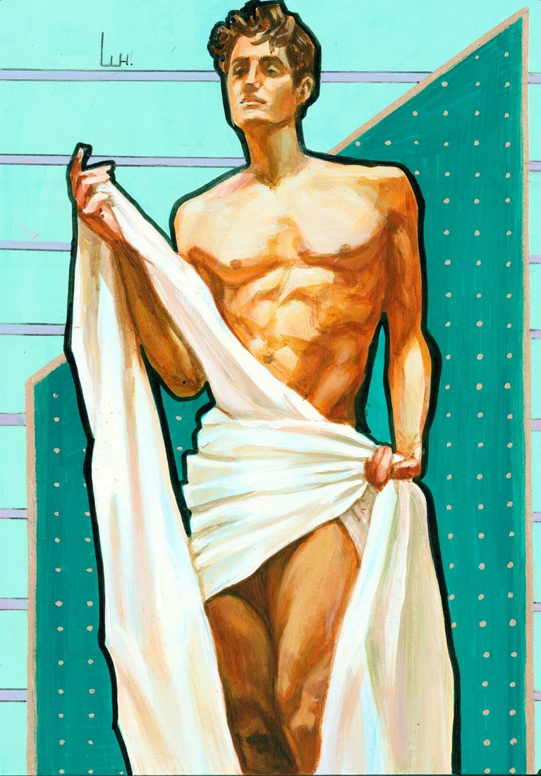 Anastasia Shapovalova (Ukraine,20/21C) acrylic painting: ARTIST: Anastasia Shapovalova (Ukraine, 20/21 centuries) TITLE: Male Semi Nude MEDIUM: acrylic on heavy paper CONDITION: Very good. No visible inpaint under UV light.