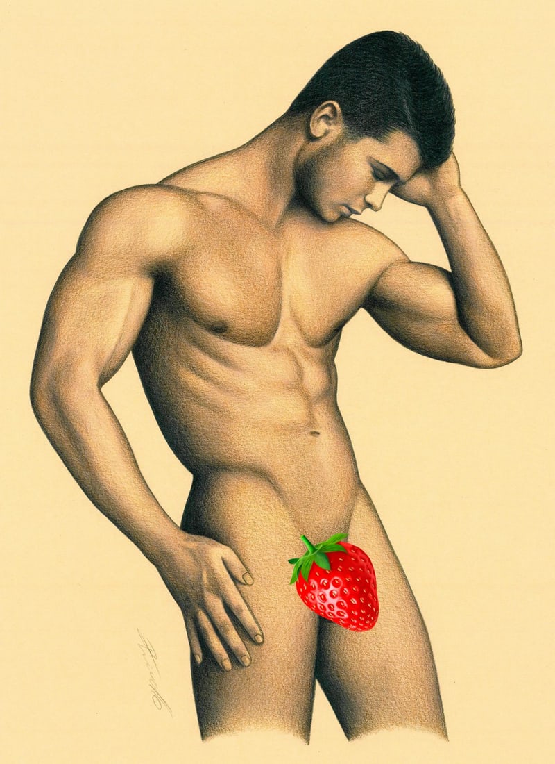 Rene Prudlo (German,b 1974) colored pencil painting: ARTIST: Rene Prudlo (Germany, born 1974) TITLE: Male Nude MEDIUM: colored pencil on heavy paper CONDITION: Very good. ART SIZE: 12 x 8 inches / 30 x 20 c