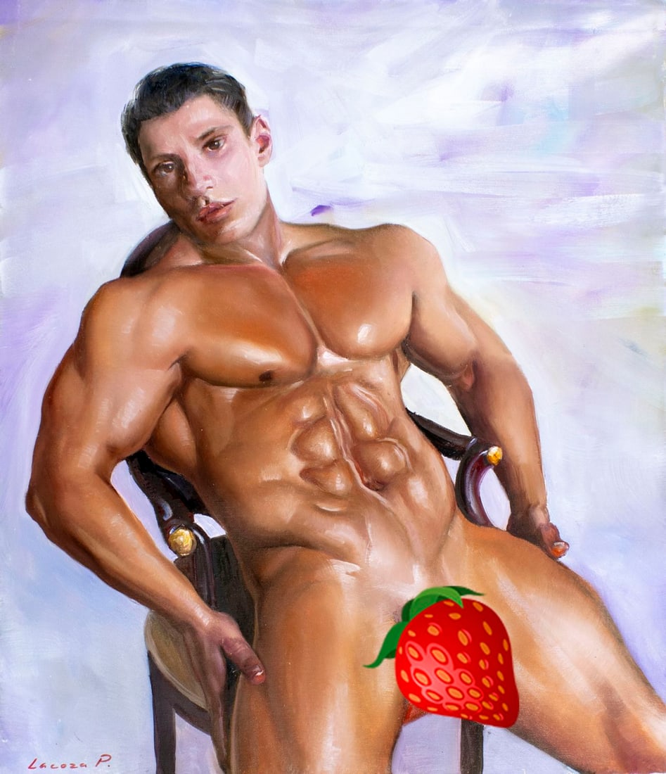 Pavel Lacoza (Ukraine,b 1975) oil painting: ARTIST: Pavel Lacoza (Ukrainian, born 1975) TITLE: Male Nude - On Chair (titled on verso) MEDIUM: oil on canvas CONDITION: Unstretched (In-House stretching available) (In-Ho