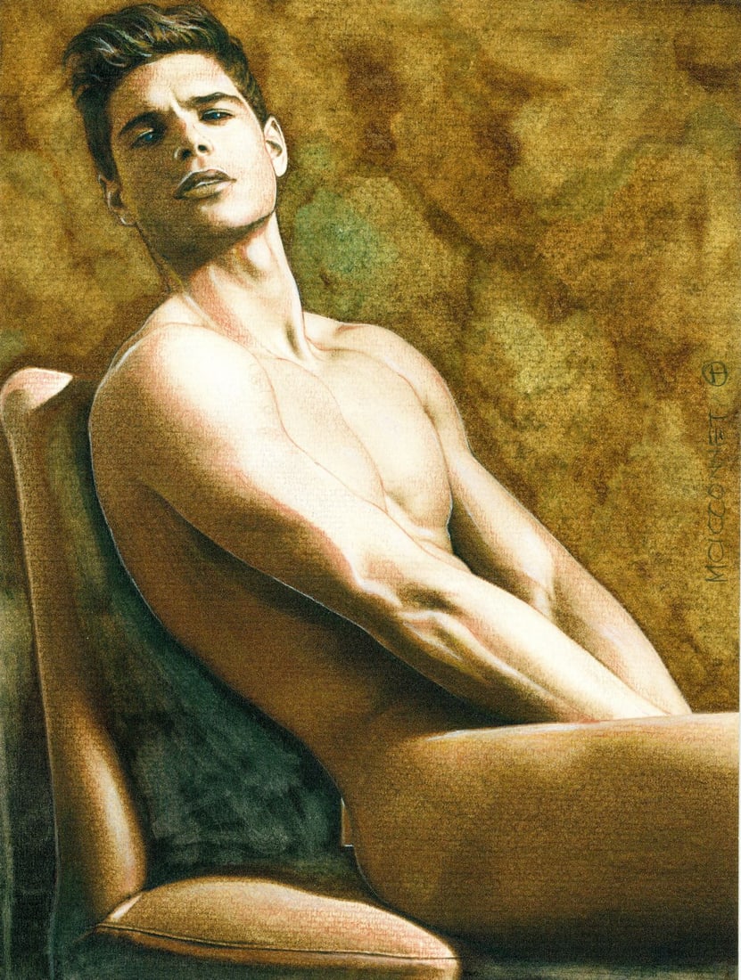 MCicconneT (KS,Indonesia,b 1969) mixed media painting: ARTIST: MCicconneT (Kansas, Indonesian, born 1969) TITLE: Male Nude - Holding the Line (titled on verso) YEAR: 2023 MEDIUM: mixed media on heavy paper CONDITION:<