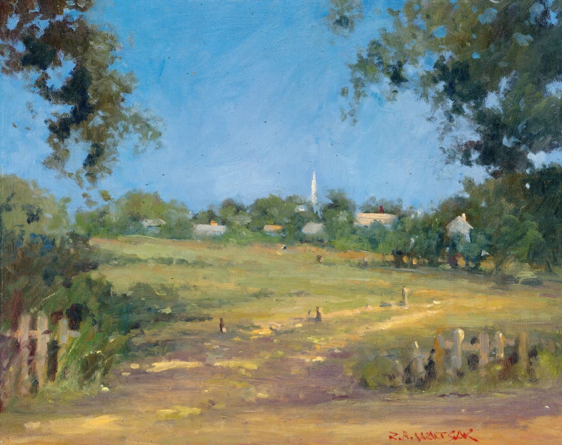 Robert Waltsak (NJ,b 1944) oil painting: ARTIST: Robert Alan Waltsak (New Jersey, born 1944) TITLE: Village Landscape MEDIUM: oil on board CONDITION: Minor scratches/paint losses. No visible inpaint under UV light.