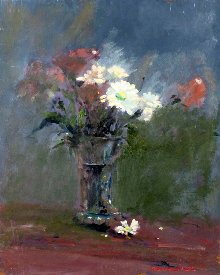 Robert Waltsak (NJ,b 1944) oil painting: ARTIST: Robert Alan Waltsak (New Jersey, born 1944) TITLE: Still Life with Vase of Flowers MEDIUM: oil on board CONDITION: Few scratches by the upper edge. No visible inpain