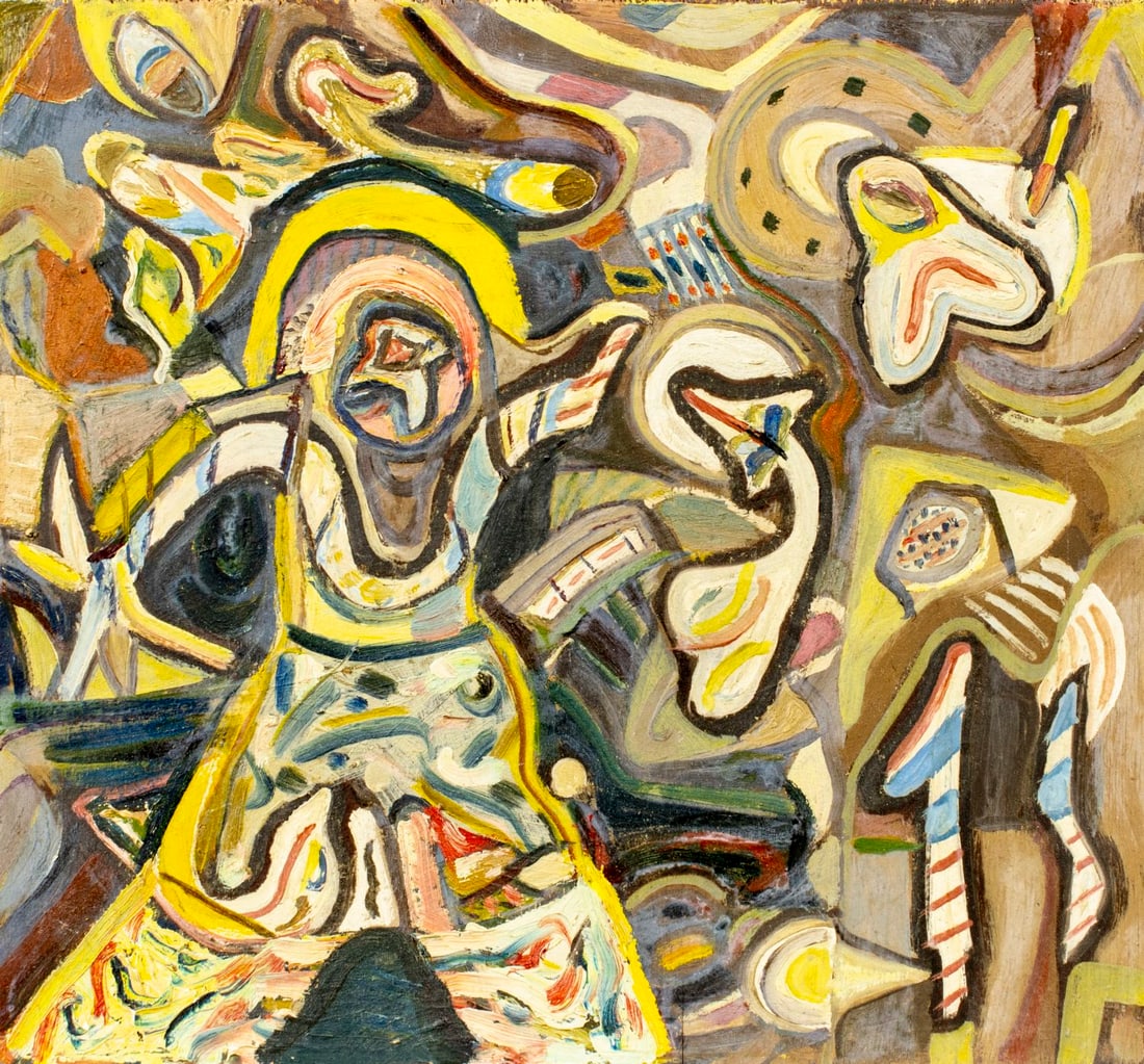 Mortimer Borne (NY,Poland,1902-1987) oil painting: ARTIST: Mortimer Borne (New York, Polish, 1902 - 1987) TITLE: Abstract Composition MEDIUM: oil on board CONDITION: Few vertical surface cracks. Few small paint losses. No vi