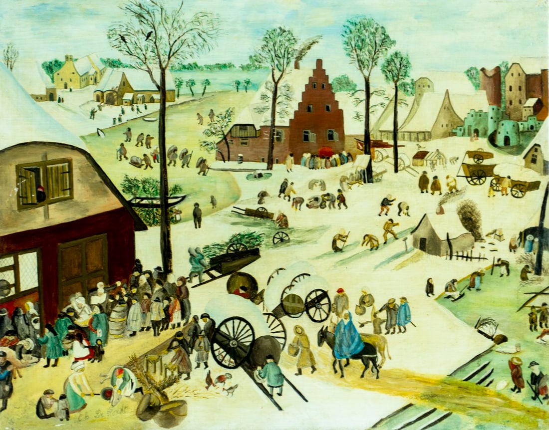 C B De Handt (Europe,mid 20C) oil painting: ARTIST: C B De Handt (European, mid 20 century) TITLE: Winter Village Landscape MEDIUM: oil on canvas CONDITION: Some small scratches/paint losses. No visible inpaint under