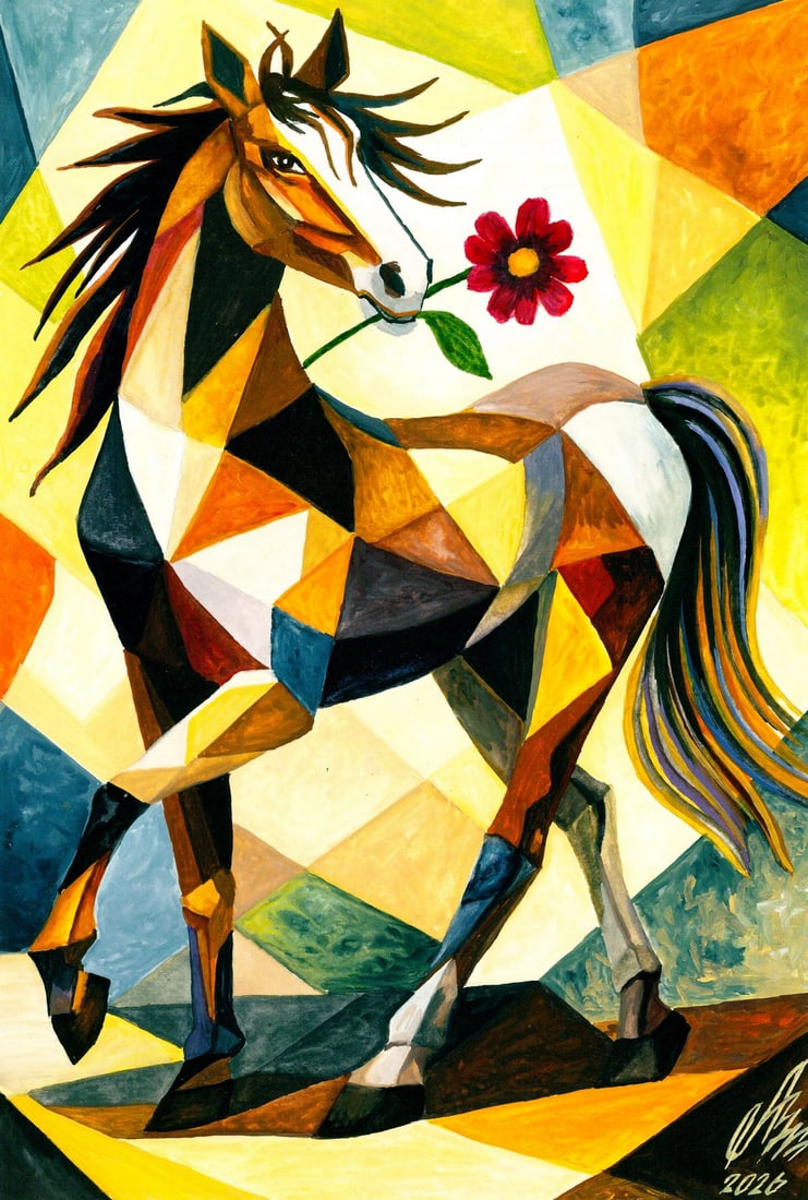 Viktor Lehkodukh (Ukraine,20/21C) gouache painting: ARTIST: Viktor Lehkodukh (Ukraine, 20/21 centuries) TITLE: Cubist Horse with Flower MEDIUM: gouache on heavy paper CONDITION: Very good. ART SIZE: 10 x 7