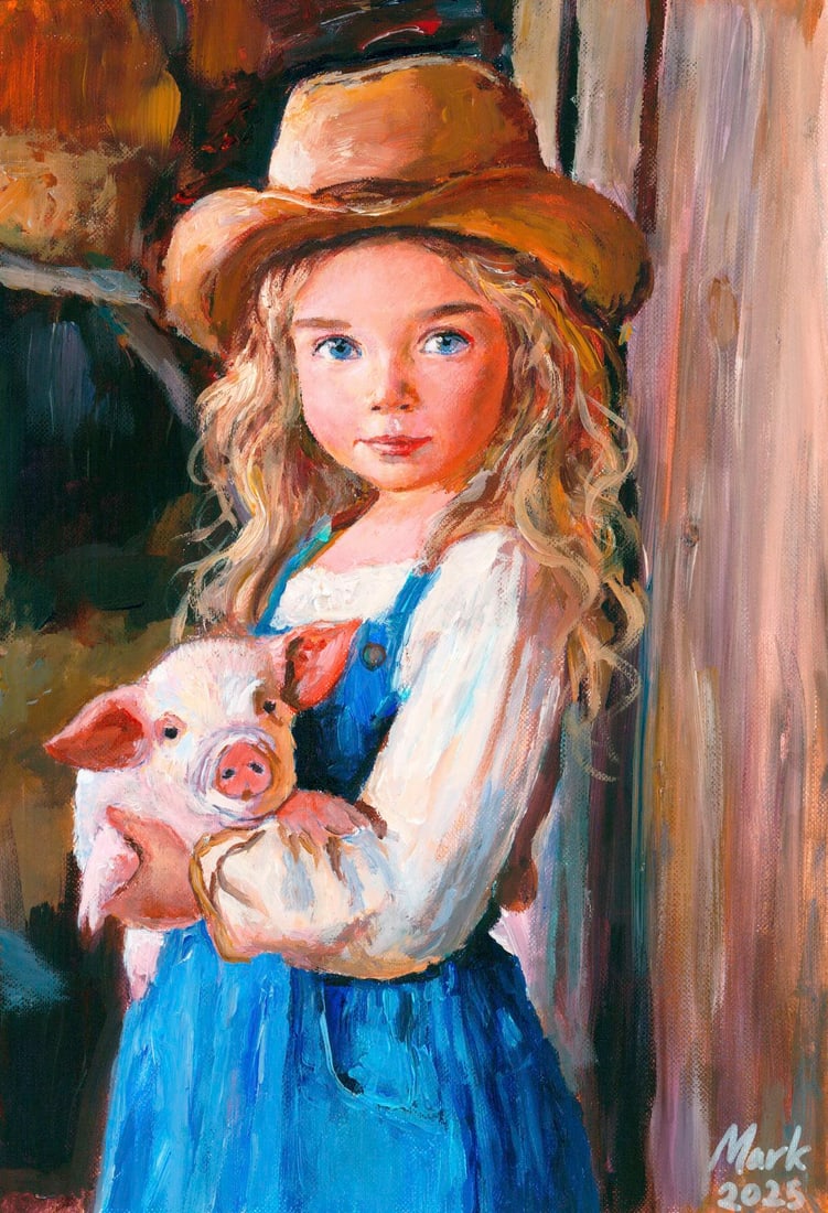 Mark Zybkin (Ukraine,20/21C) oil painting: ARTIST: Mark Zybkin (Ukrainian, 20/21 centuries) TITLE: Girl with Pig MEDIUM: oil on heavy paper CONDITION: Very good. No visible inpaint under UV light. ART SIZE