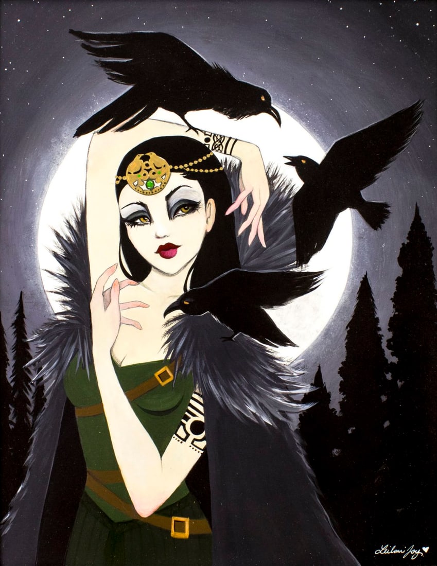 Leilani Joy (CA,20/21C) acrylic painting: ARTIST: Leilani Joy (California, 20/21 centuries) TITLE: Morrigan YEAR: 2013 MEDIUM: acrylic on board CONDITION: Very good. No visible inpaint under UV l