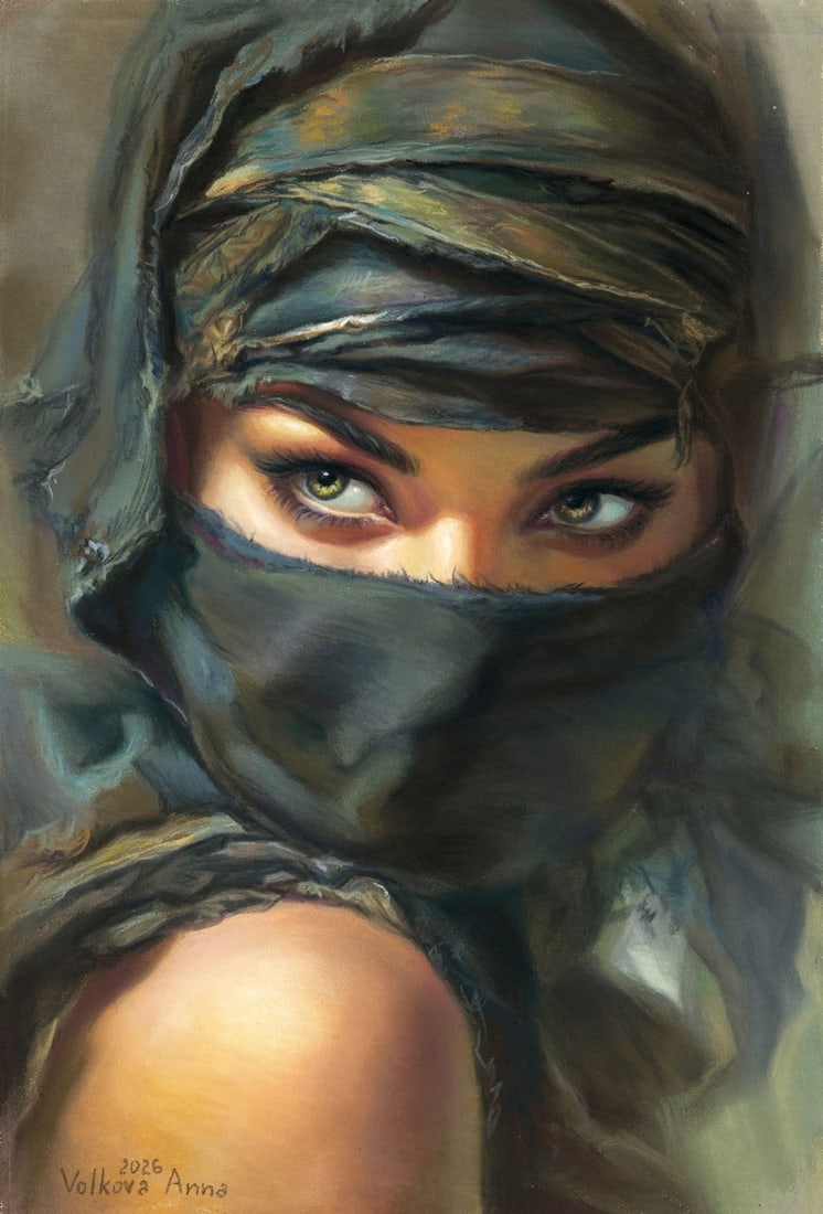 Anna Volkova (Ukraine,20/21C) pastel painting: ARTIST: Anna Volkova (Ukraine, 20/21 centuries) TITLE: Oriental Woman with Headscarf MEDIUM: pastel on heavy paper CONDITION: Very good. ART SIZE: 12 x 8