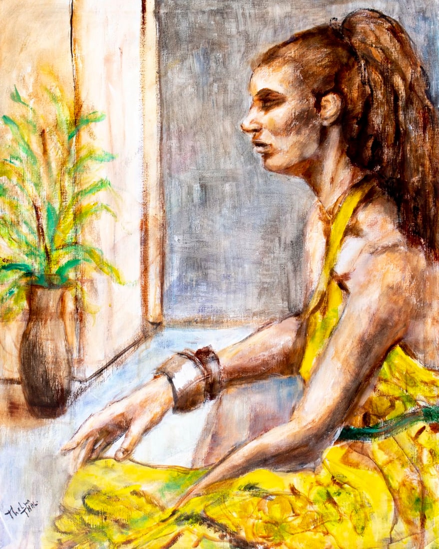 Thelma Thal (NY,1903-2001) oil painting: ARTIST: Thelma Thal (New York, 1903 - 2001) TITLE: Woman in Yellow Dress MEDIUM: oil on canvas CONDITION: Minor paint losses. No visible inpaint under UV light.