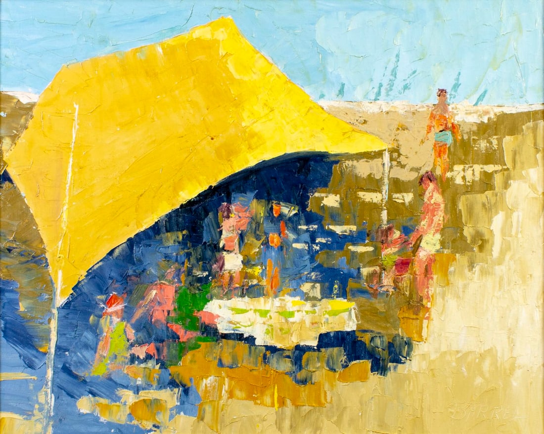 W R Barrel (US,20C) oil painting: ARTIST: W R Barrel (American, 20th Century) TITLE: Beach Scene with Yellow Umbrella MEDIUM: oil on canvas CONDITION: Very good. No visible inpaint under UV light. Wear to fr