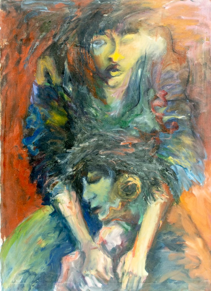 Elizabeth Silver (CA,20C) oil painting: ARTIST: Elizabeth Silver (California, 20 century) TITLE: Two Figures MEDIUM: oil on canvas CONDITION: Some scratches mostly along edges. No visible inpaint under UV light. N
