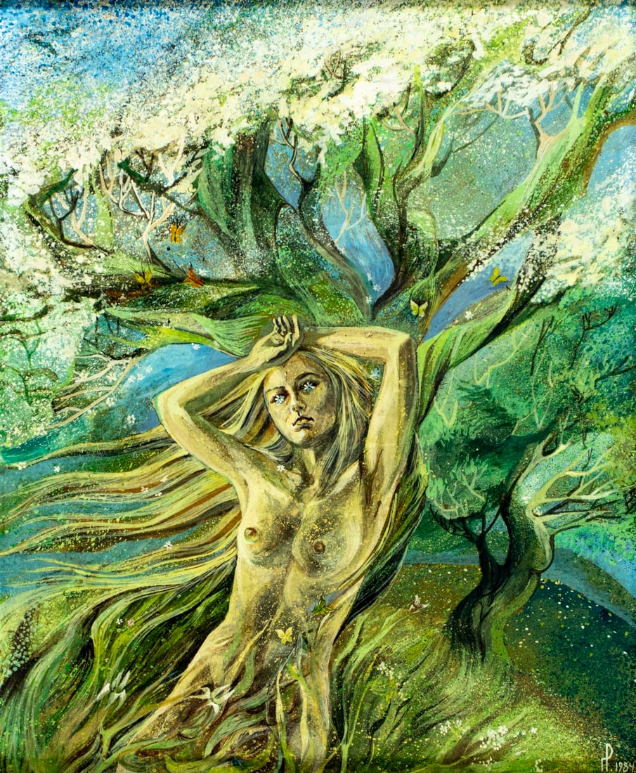 Roksolana Priyma Tamiola (Ukraine,b 1959) oil painting: ARTIST: Roksolana Priyma Tamiola (Ukrainian, born 1959) TITLE: Spring (titled on verso) YEAR: 1984 MEDIUM: oil on board CONDITION: Some scratches/paint l