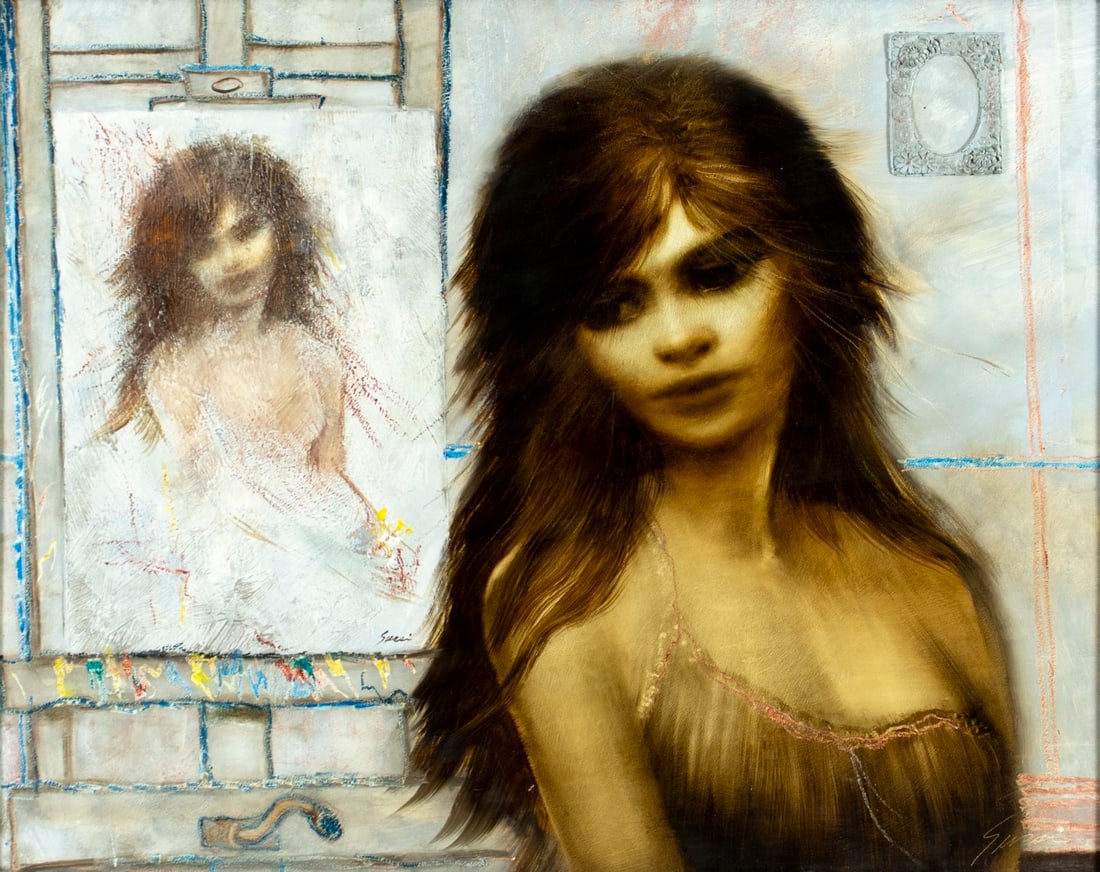 Alfred Sussi (NY,1931-2013) oil painting: ARTIST: Alfred Sussi (New York, 1931 - 2013) TITLE: Portrait of Woman with Mirror MEDIUM: oil on board CONDITION: Few small scratches/paint losses. No visible inpaint under