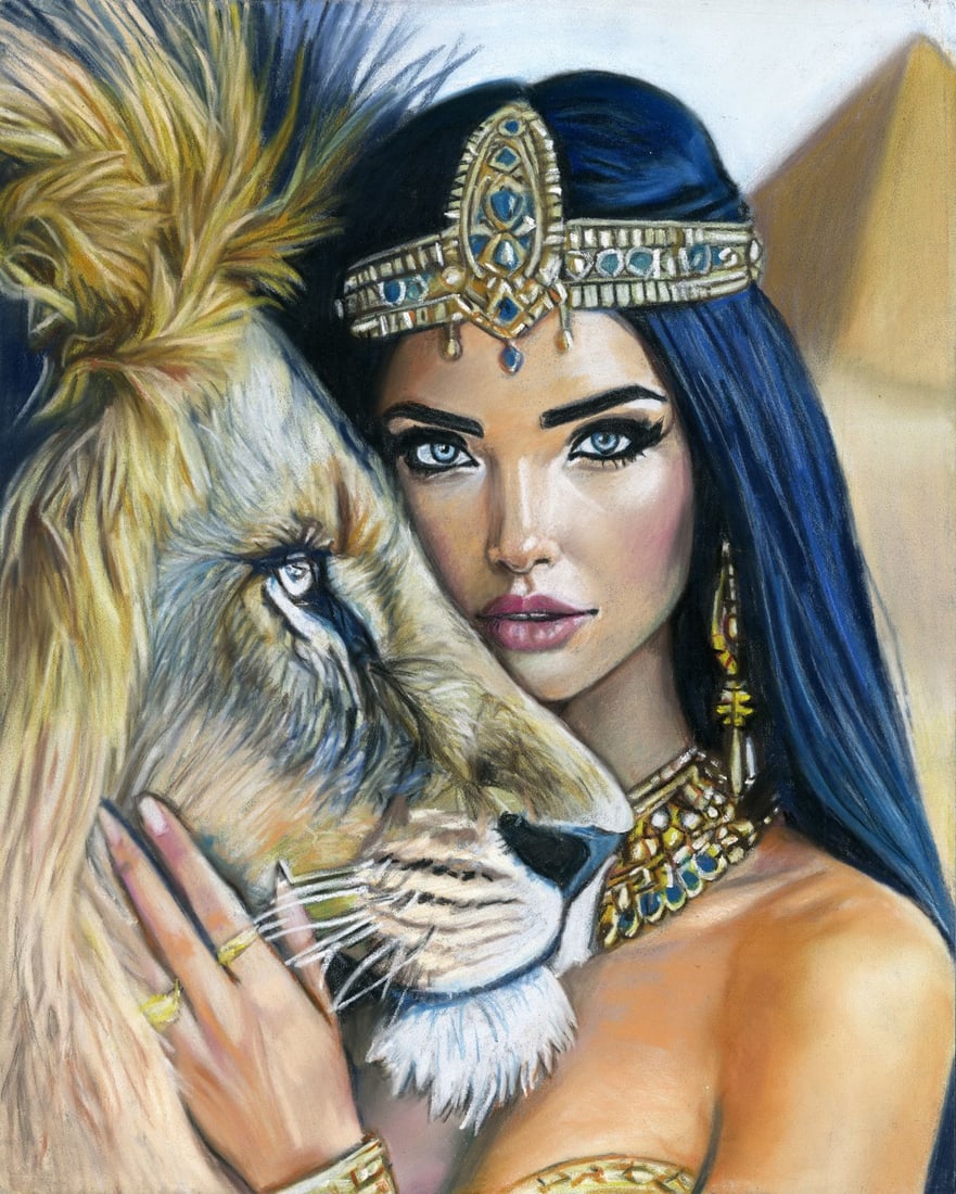 Oleksandr Achkasov (Ukraine,b 1965) pastel painting: ARTIST: Oleksandr Achkasov (Ukrainian, born 1965) TITLE: Portrait of Woman with Lion MEDIUM: pastel on heavy paper CONDITION: Very good. ART SIZE: 12 x 9
